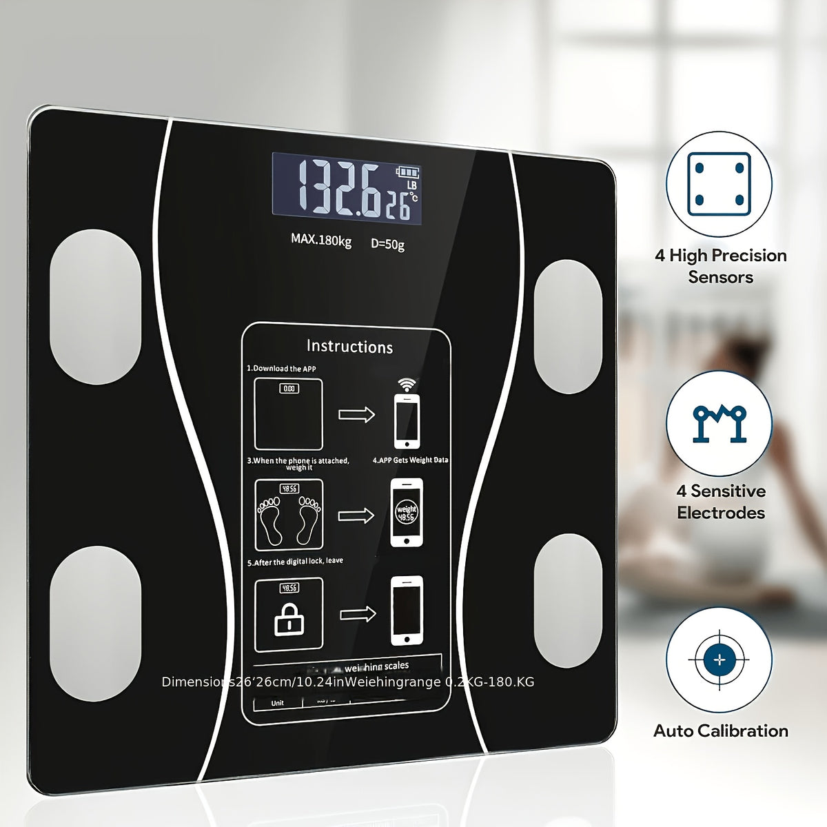 Intelligent Bathroom Scale, Digital Body Scale, with Backlit LED Display Screen And Sturdy Tempered Glass, Compact Size, Weighing Up to 400 Pounds/180 Kilograms