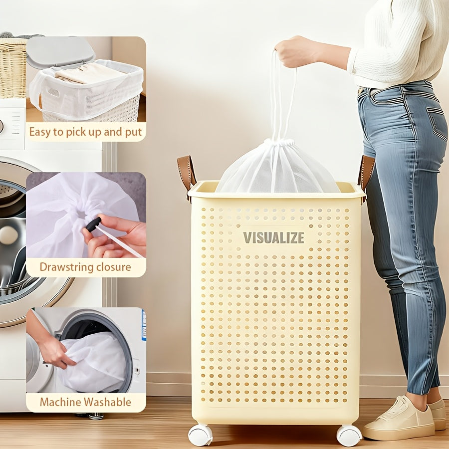 Large And Medium Foldable Ceramic White Laundry Baskets - Pu Leather, Hand Washable, Solid Color, Multi-Functional Portable RV Dirty Clothes Hamper with Wheels for RV Bathroom And Balcony Storage with 2 Stickers