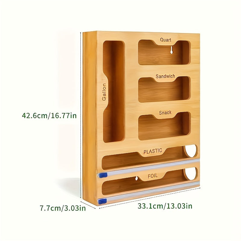 Bamboo Bag Organizer And Foil And Plastic Wrap Organizer Aluminum Foil Organization And Storage Plastic Wrap Dispenser with Cutter for Kitchen Drawer for Gallon Quart Sandwich Snack Kitchen Supplies