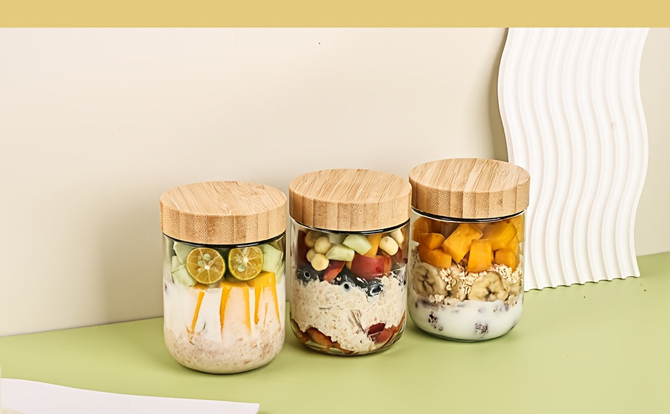 4/6-Pack Overnight Oats Containers with 4/6pcs Spoons And Bamboo Lids, Glass Jars with Airtight Lids for Meal Prep, Wide Mouth Mason Salad Jars, Glass Food Storage Container for Yogurt Chia Snacks Spice Sugar