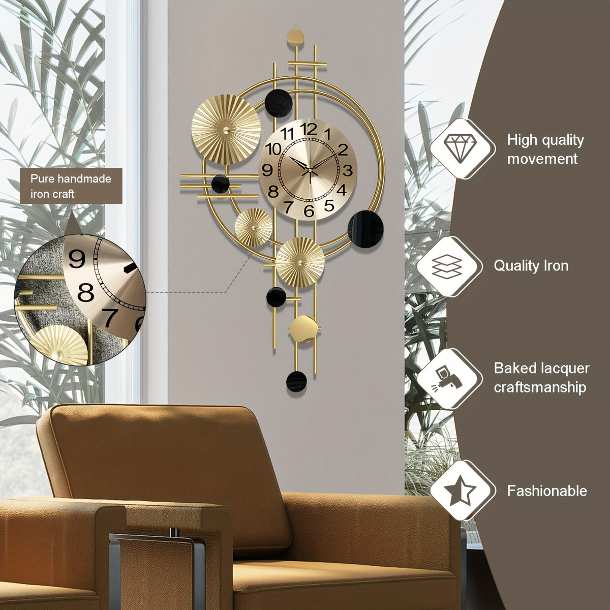 Metal Wall Clock Decorative 3D Metal Wall Art Clock for Living Room Bedroom Creative Modern big Wall Clock Decor with Silent No-Ticking 30.7 X 17.7 inch