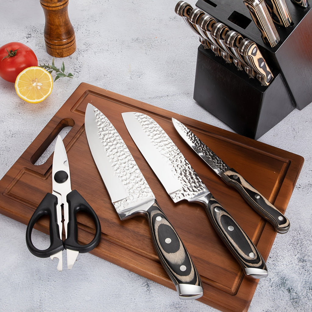 Kitchen Knife Set, 15pcs Knife Set With Block Wooden, Self Sharpening For Chef Knife Set, Medium Carbon Stainless Steel Hammered Knife Block Set With Steak Knives, Knives For Men, Boxed Knife Sets For Kitchen, For Family Gift, Local Warehouse