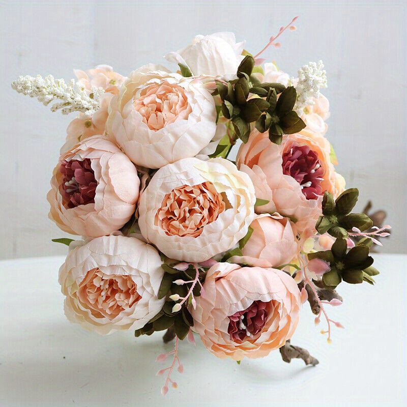 13-Head Artificial Peony Bouquet with Realistic Blooms & Lush Green Foliage - UV-Resistant Plastic Flowers with Sturdy Stems, Multi-Color Options (Pink, Red, White, Blue, Purple, Yellow, Lavender, Peach, ) for Weddings, Home, Garden, Office Decor - Indoor