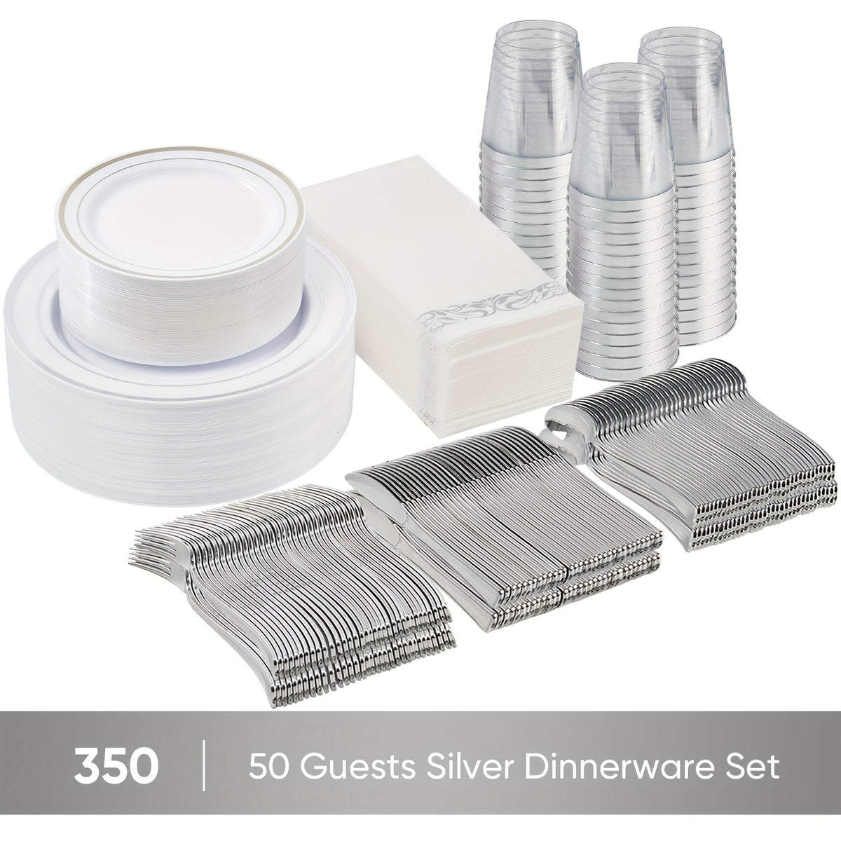 Set of 350/700 Golden/Silver Disposable Plates for 50/100 Guests, Disposable Plastic Plates for Parties, Wedding, Graduation, Birthday, Dinnerware Set of Dinner Plates, Salad Plates, Cutlery, Cups And Napkins
