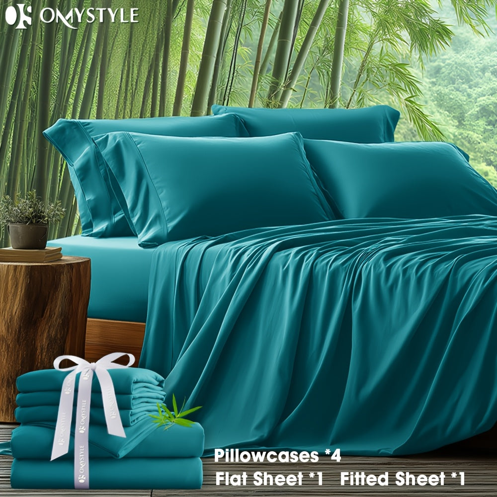 6pcs Bamboo Blend Bed Sheet Set-Flat Sheet, Fitted Sheet And 4 Pillowcases, Luxury Breathable Sheet Set, Ultra Soft Sheet for Hot Sleepers, Deep Pocket, King/Queen/Full/Twin