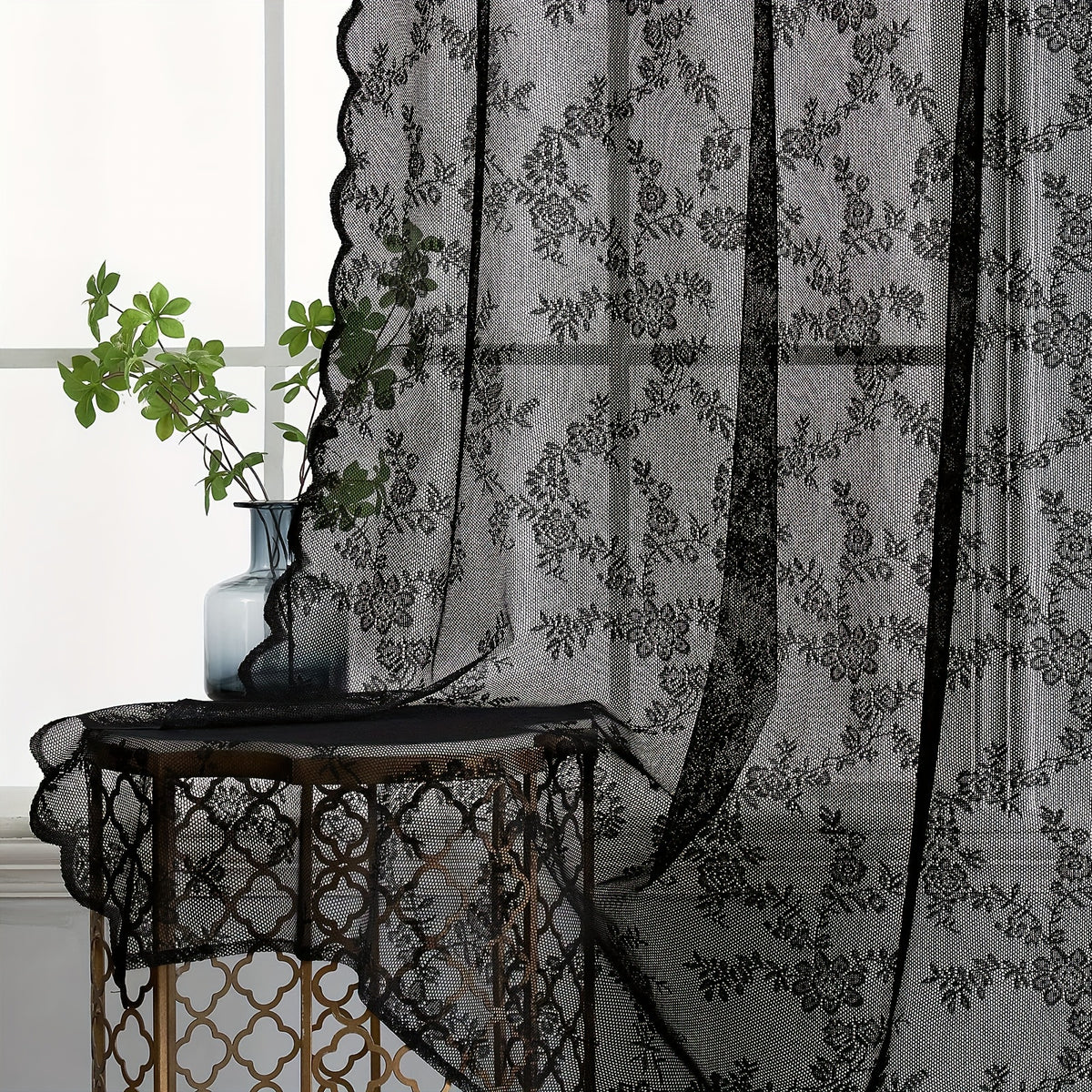 Set of Two White Lace Curtains with Floral Designs, Featuring a Bohemian Style And Semi-Transparent Fabric That Filters Sunlight. Suitable for All Seasons