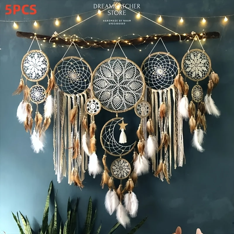 5pcs Large Size Dream Catcher, Handmade Moon Dream Chaser, Beautiful Dream Chaser Wall Decoration Dream Chaser Boho Wall Decoration Moon And Sun Sweet Dream Bed Decoration (camel Color, Not Included, Lamp, Stick), Best for Christmas, Perfect for Thanksgiv