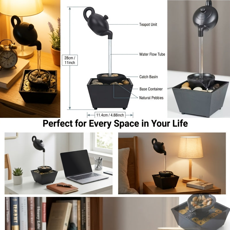 New Desktop Fountain, 4-Level Desktop Waterfall, Meditation Fountain, Indoor Fountain, Office And Home Relaxation, Desktop Fountain Pool, LED Lights, Fixed Decorative Bubble Balls (With Natural River Stone Decoration Included)