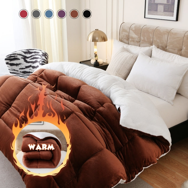 1pc Thick Soft Comforter Plush Flannel Sherpa Comforter, 500g Filling Ultra Breathable All Season Comforter Double-Sided, Box Stitch Solid Color Comforter For Bedroom, Warm For Autumn And Winter Comforter, Gift, Home Decor