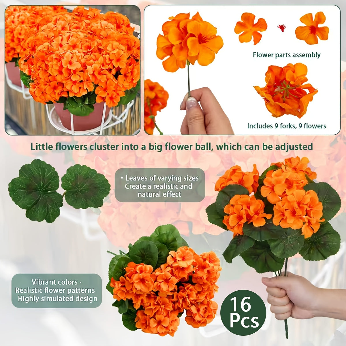 8/16 Bundles 13.77 In Artificial Geranium Flowers For Outdoors Geranium Flowers Outdoor Red Artificial Flowers UV Resistant Garden Plants Faux Flowers For Home Kitchen Table Centerpieces Patio Decor