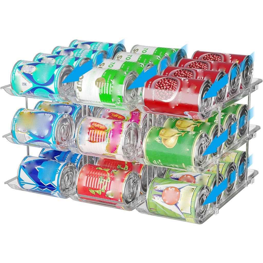 Pantry Can Storage Rack - Holds 36 Cans (3 Tiers/3pcs), Auto-Rolling Stackable Can Storage Rack - Transparent PET Material, Suitable for Soda, Soup, Vegetable Cans - Kitchen, Garage, Dorm Closet Organizer - Tool-Free Easy Assembly.