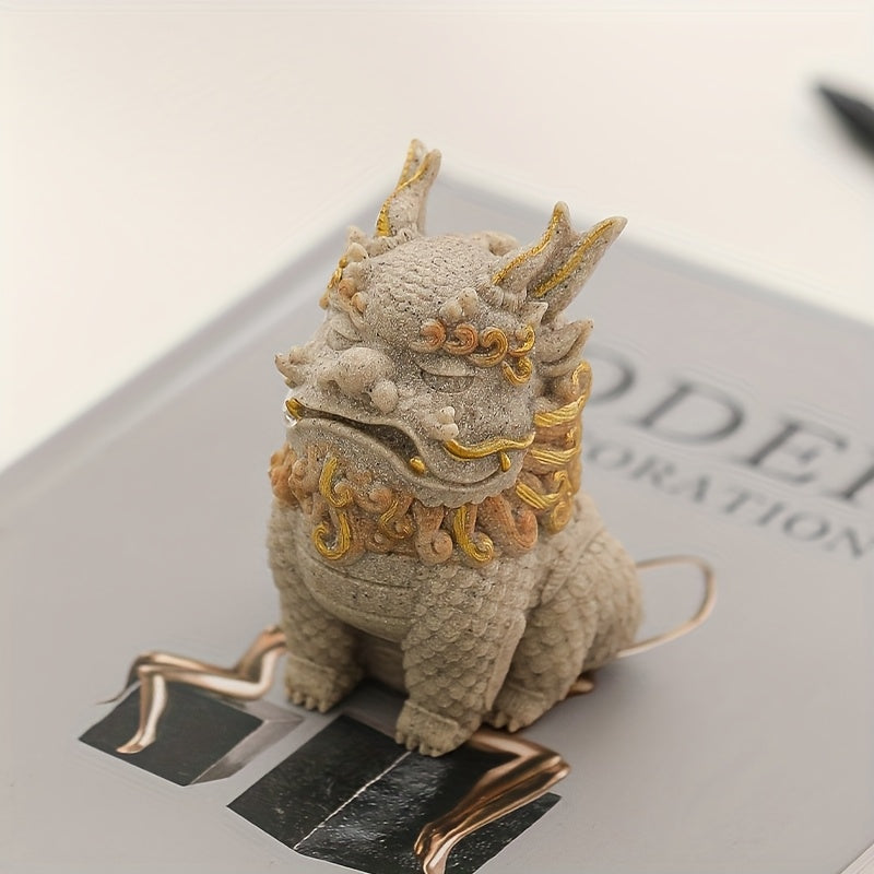Pixiu Statue with Golden Floral Details, Single Stone Mythical Creature Figurine in Sand, Gray or White for Home Office Tabletop and Cabinet Decor