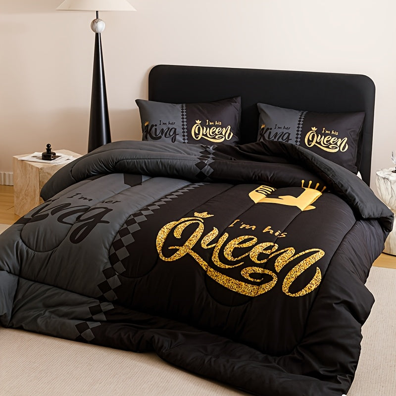 King and Queen Comforter Set, 3 Piece Crown Letter Print Bedding with 180 GSM Padding and Two Pillowcases for Bedroom and Dorm Decor