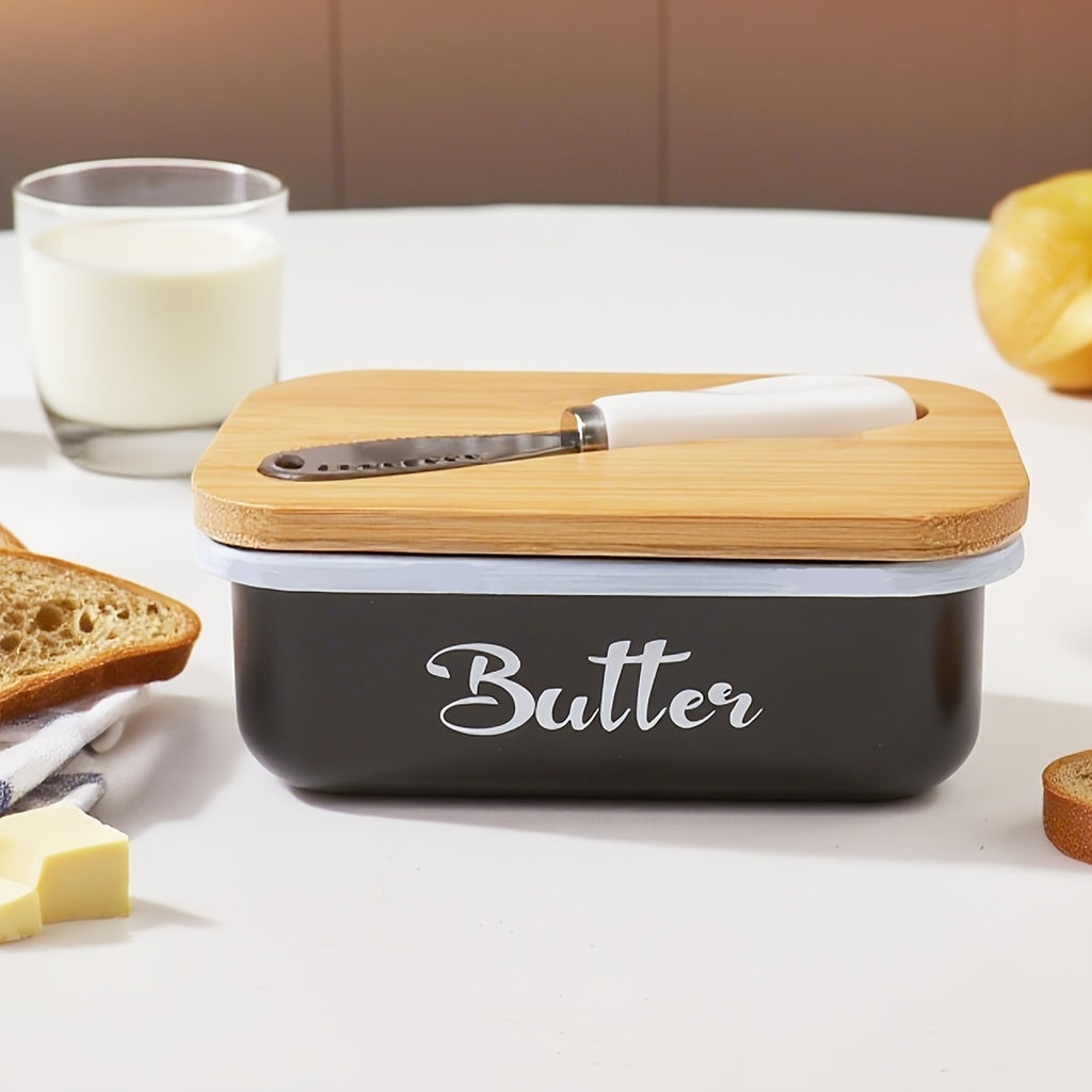 Iron Butter Tray with Bamboo Cover and Knife Large Capacity - Airtight Cheese Storage Box Kitchen Storage Items - Complete Colors - Mother's Day Thanksgiving Christmas Gifts Butter Storage Container Holiday Serving Elegant Durable