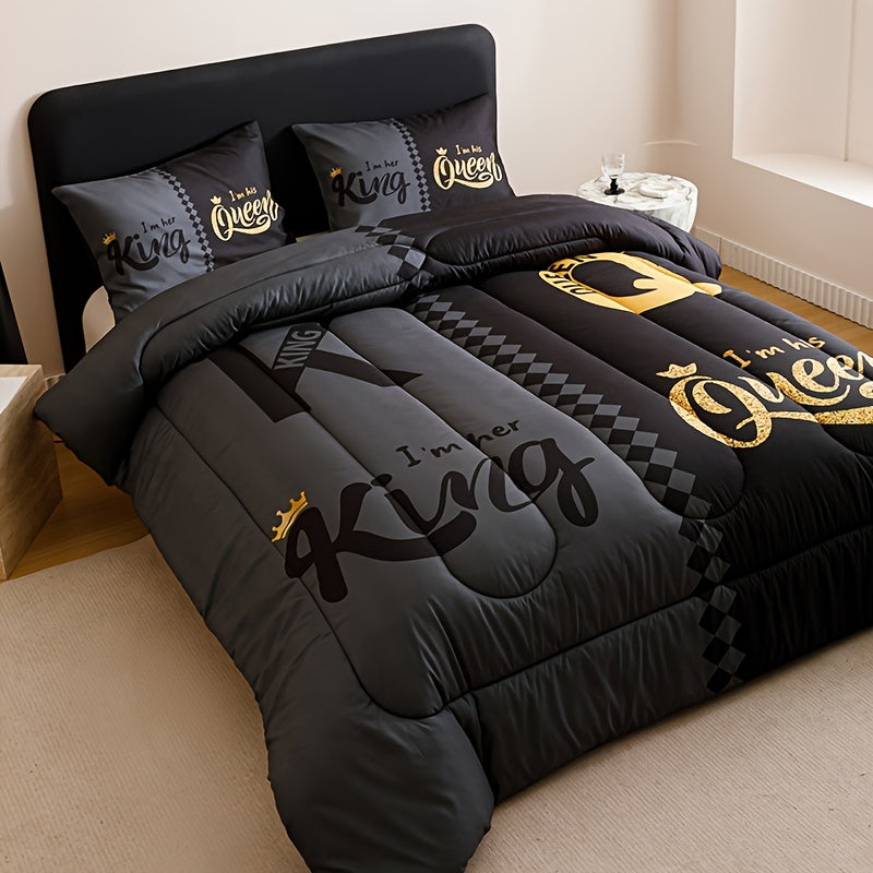 King and Queen Comforter Set, 3 Piece Crown Letter Print Bedding with 180 GSM Padding and Two Pillowcases for Bedroom and Dorm Decor