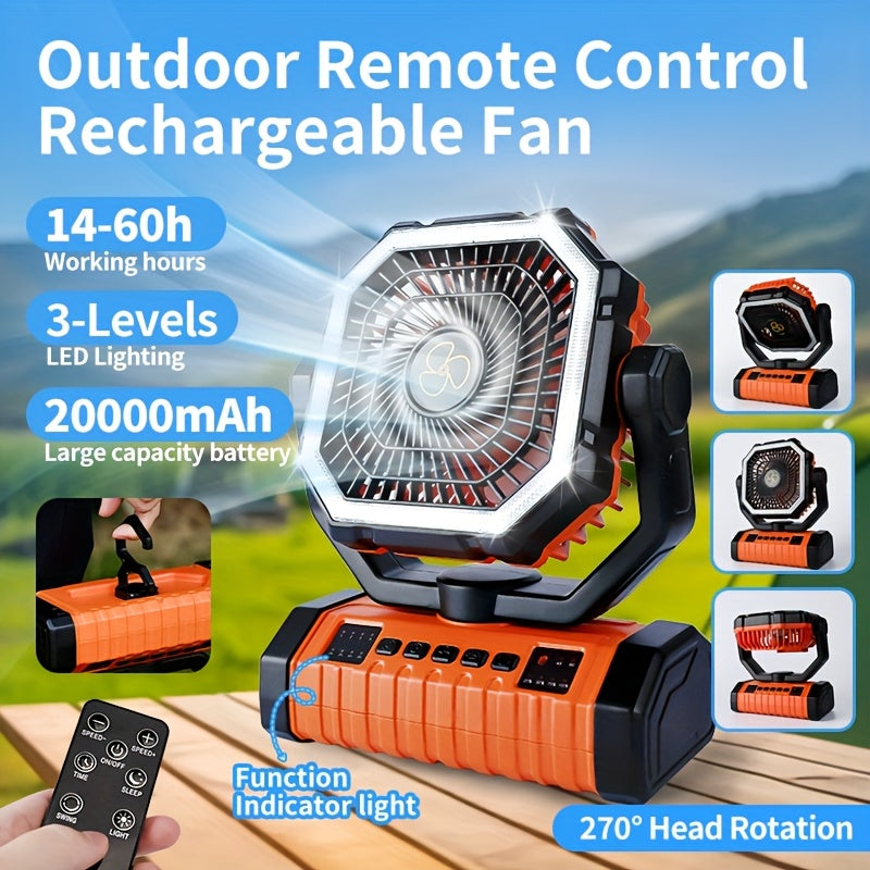 20000Mah Portable LED Camping Fan with Built-In Light, Rechargeable Fan, USB Rechargeable Outdoor Fan for Tents, Hiking, Fishing - Rugged Compact Design, Green And Orange, Hiking Essentials, Sturdy Handle Feature, Camping Additions