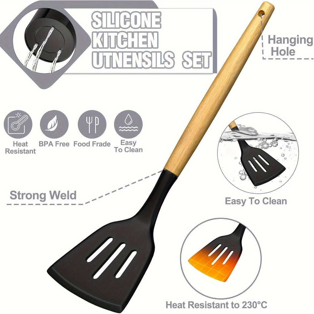 Kitchen Utensils Set- 34pcs Silicone Cooking Utensils with Holder, Heat Resistant Kitchen Utensil Spatula Set for Nonstick Cookware, Black Wooden Handles Kitchen Gadgets Tools Set Father Gift
