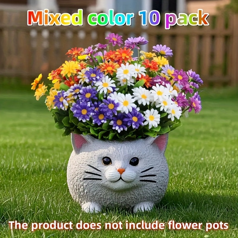 10 Bundles of Outdoor Artificial Flowers, Plastic Flower Decorations, Daisy Imitation Bouquets, Uv-Resistant Artificial Flower Shrubs, Suitable For, Hotel, Office, Wedding, Party, Family Garden, Porch, Cottage Decoration, Courtyard