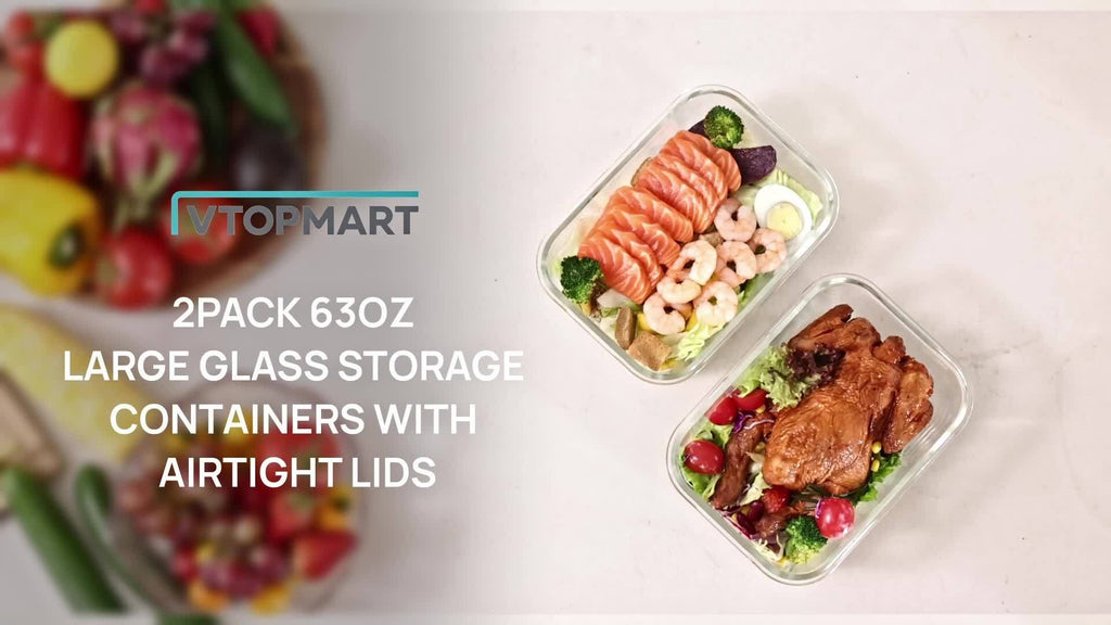2Pack 1860ml/ 63oz Large Glass Storage Containers With Lids, Baking Container With Snap Airtight Lids For Microwave, Oven, Meal Prep Food Container Set, Leak Proof, For Freezer, Dishwasher