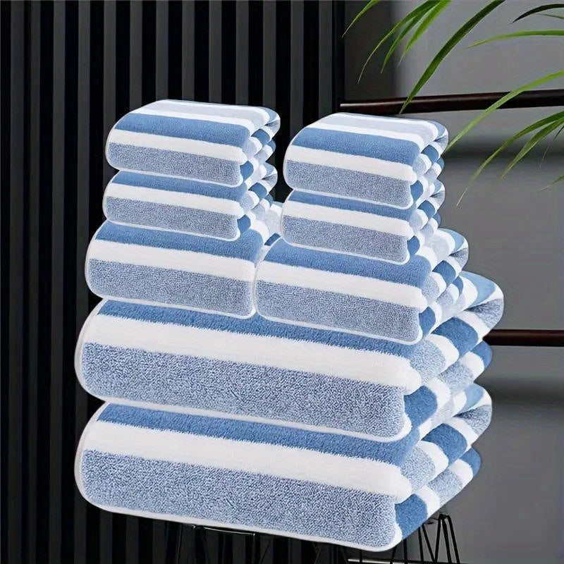 8pcs Lint-Free Super Absorbent Soft Five-Star Hotel Standard Two-Color Striped Spaced Bath Towel Set, Including 2 Large Bath Towels, 2 Medium Bath Towels And 4 Small Bath Towels, Wash Cloths