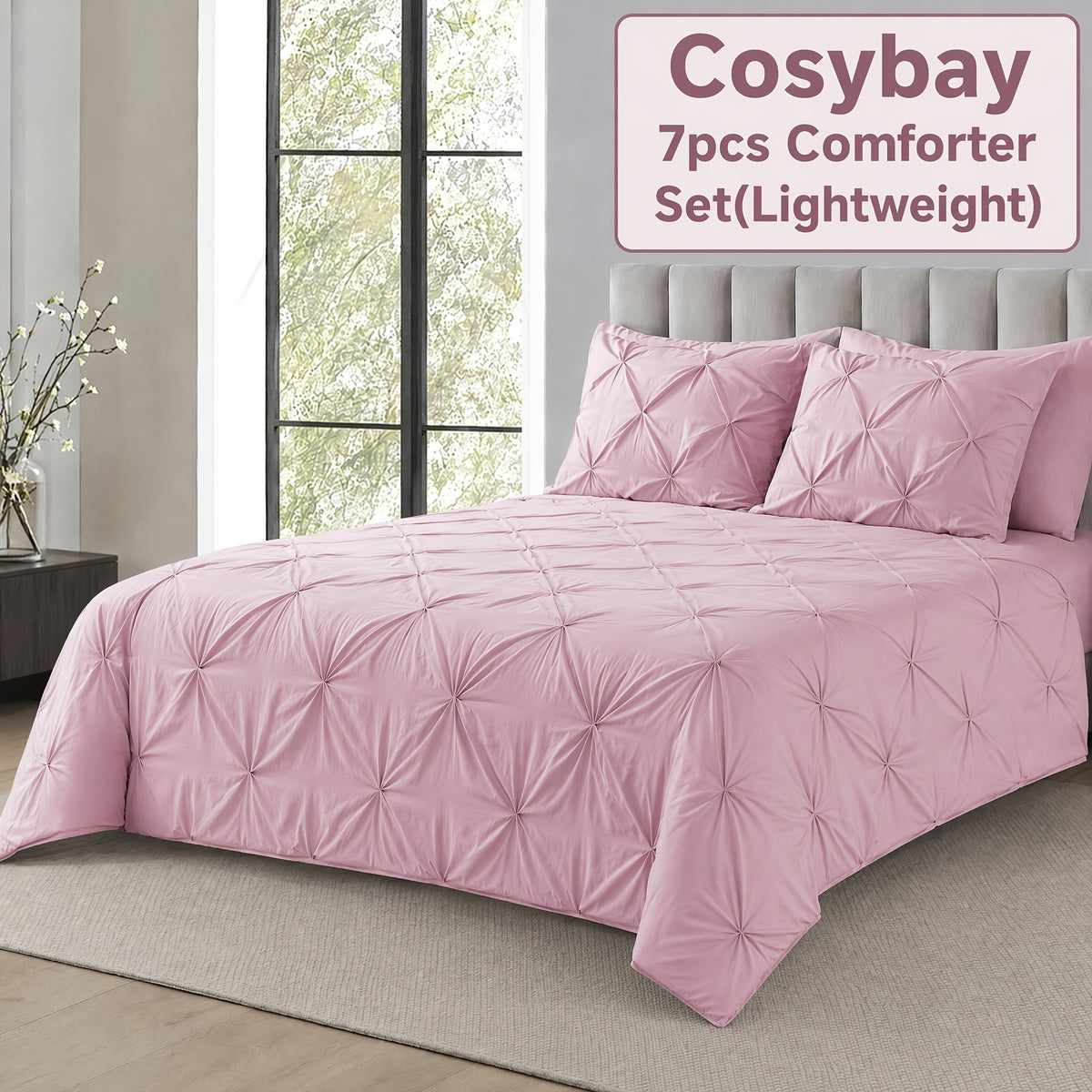 Cosybay 7 Piece Pinch Pleated Comforter Set Queen King Size, Luxury Soft Fluffy Bedding Includes 1 Comforter, 1 Extra Deep Pocket Fitted Sheet, 1 Flat Sheet, 4 Pillowcases & Pillow Covers, Perfect for Halloween Party, Holiday Celebrations & Birthday