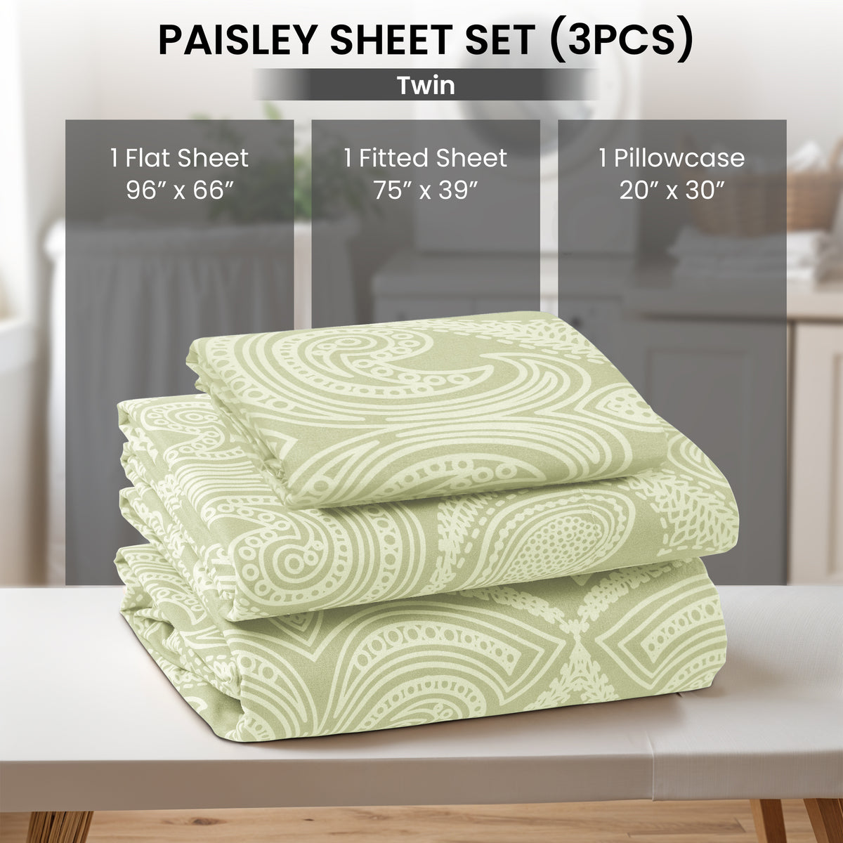 Paisley Bed Sheet Set, Soft Double Brushed Microfiber Bedding with 16-Inch Deep Pocket Fitted Sheet and Pillowcases in Six Sizes for Bedroom Comfort