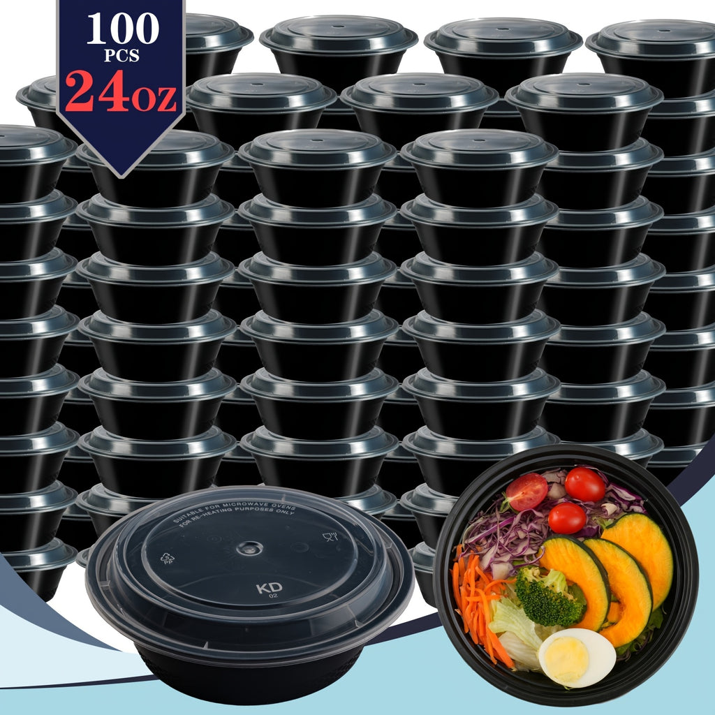 100pcs (50 Containers & 50 Lids) Black Round Meal Prep Containers 24oz Stackable and Leakproof Food Storage Container Set Disposale Bento Box Ideal for Takeout and Meal Prep Microwave & Dishwasher & Freezer Safe