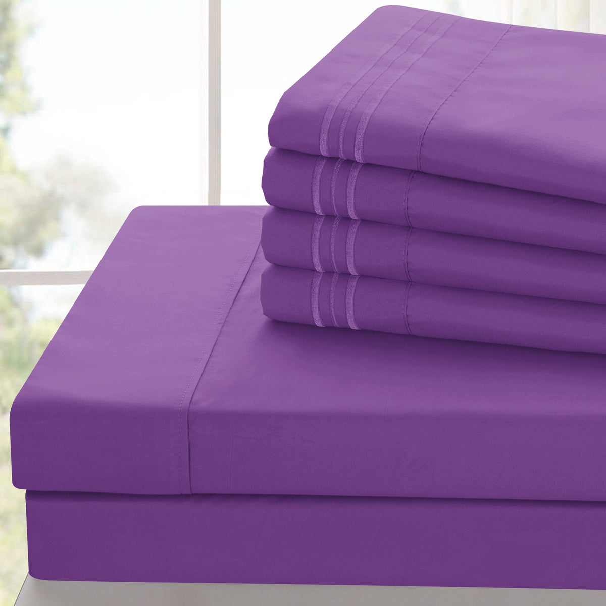 Lux Decor 6 Pieces Solid Bed Sheets Set - Modern Soft Comfortable Bedding Set, Hotel Luxury Skin Friendly Cooling Sheets & Embroidered Pillowcases Without Filler - All Seasons Bed Sheet with 16 Inches deep Pocket, Breathable Skin Friendly & Cooling Sheets