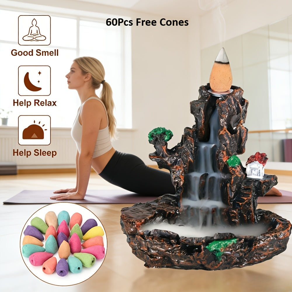 Resin Incense Waterfall Burner Stand with 60 Cones - Waterfall Smoke Burner Suitable for, Office, Yoga Studio, Meditation Room, Stone Brown Resin Cone Holder for & Zen Decor (No Refillable)
