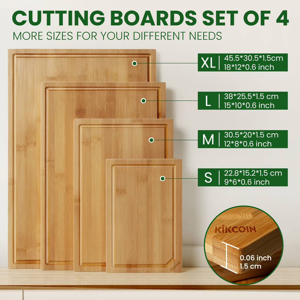 4pcs Extra Large Kitchen Bamboo Cutting Board Set, Heavy Duty with Juice Grooves, Chopping Board Set for Meat, Vegetables, Cheese.Essential Kitchen Tools.Family, Friends. Holiday Party.Memorial Day, Spring Essentials, Mother's Day Gift