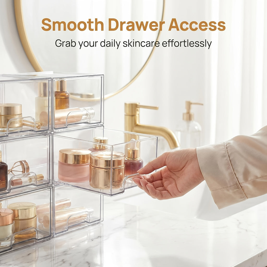 8 Pack Acrylic Bathroom Makeup Organizer, 7.5"D X 6"W X 4.4"H Clear Stackable Storage Drawers, Plastic Storage Bins for Vanity, Home Organization And Storage