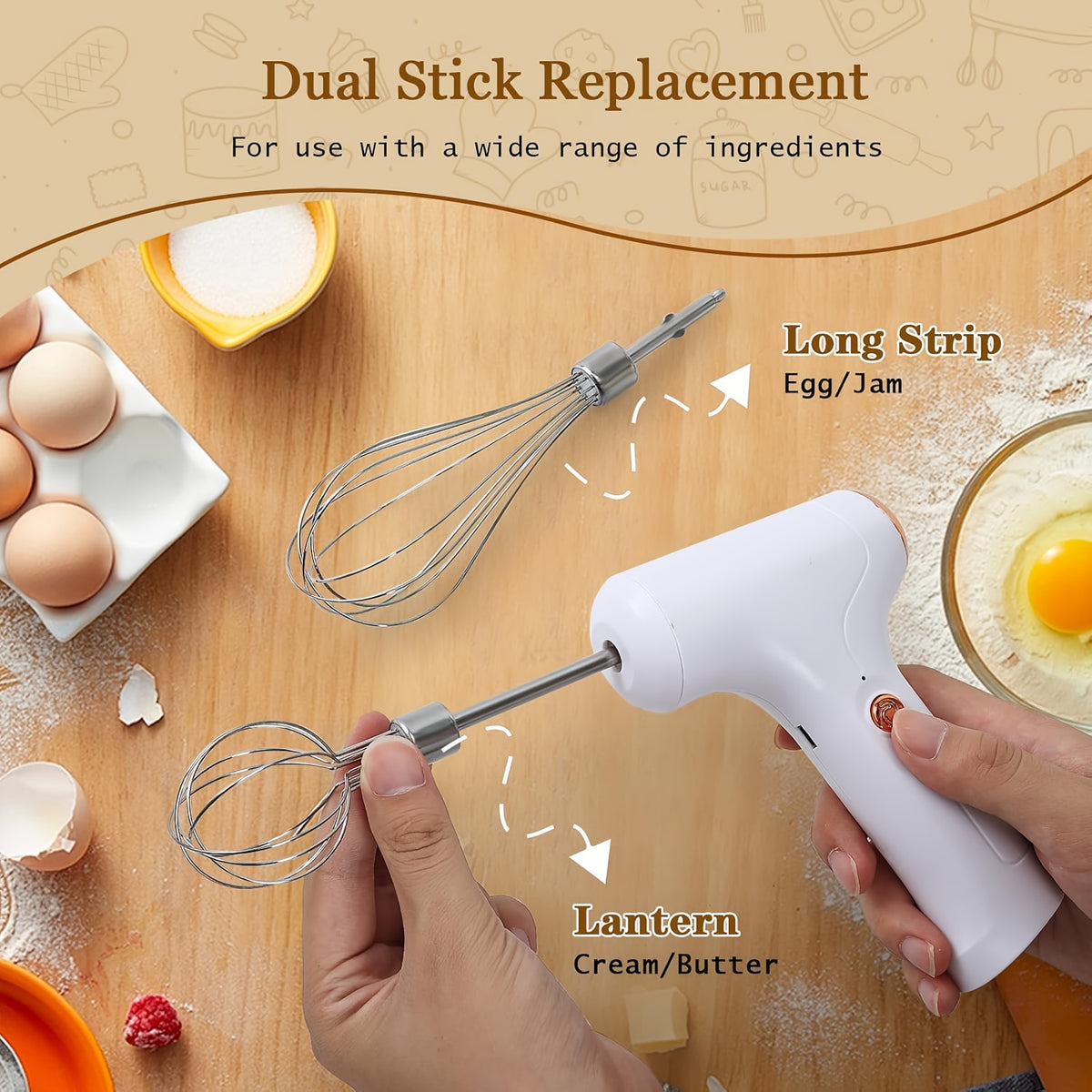 Hand Mixer | Household Cordless Electric Hand Mixer, USB Rechargeable, 304 Stainless Steel, With 2 Detachable Stir Whisks, 3 Speed Modes for Kitchen Baking