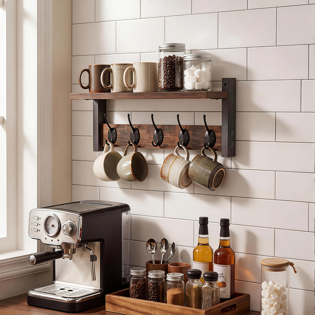 Wooden Wall-Mounted Shelf - Coat And Key Organizer with Floating Shelf And 5 Hooks, Key Rack for Bedroom And Entryway Storage, Towel Organizer for Bathroom, Suitable for Kitchen, Living Room, Bedroom, Bathroom