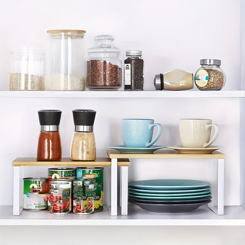 Set of Two Adjustable And Stackable Shelf Organizers - Versatile Wooden Storage Rack for Kitchen Counters, Spices, Bathrooms, And Pantries - a Space-Saving Gift for Home Organization Enthusiasts And Cooking Aficionados