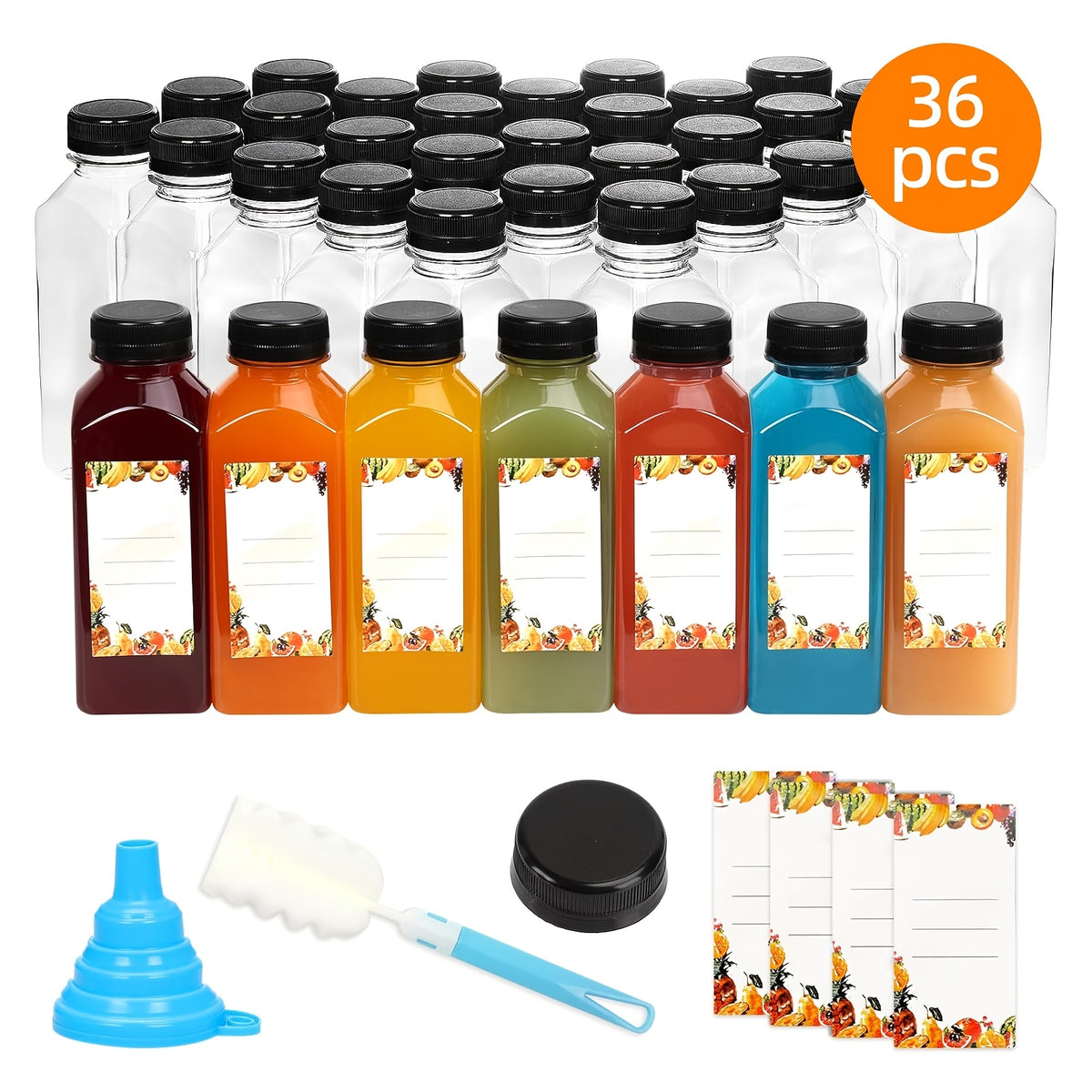 20pcs/36pcs/56pcs/100pcs Juice Bottles, 12/16oz Plastic Bottles With Lids, Reusable Clear Containers For Juice, Smoothies, Cola, Water And Other Beverages, Summer. Funnel & Brush (Color Random).