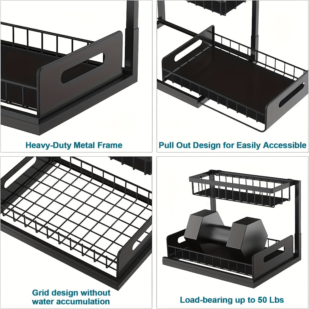 Under Sink Pull-Out Cabinet Organizer, Two-Tier Metal Storage Rack with Sliding Lower Basket in Black or White, 1 or 2 Units for Kitchen and Bathroom