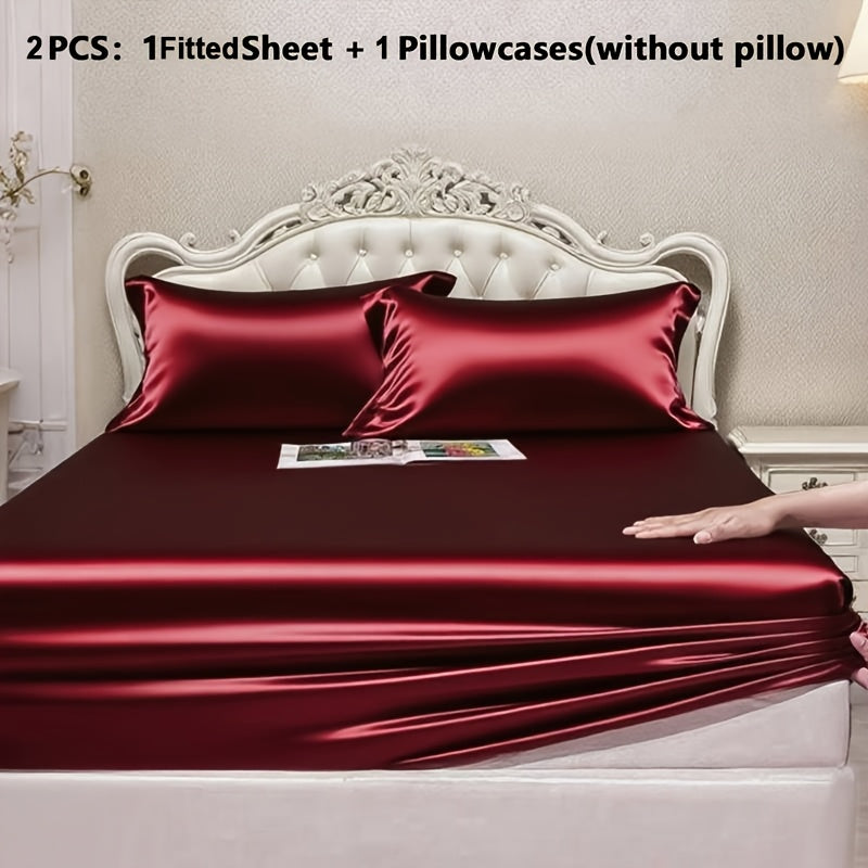 Luxury Satin Fitted Sheet, Fitted Sheet+Pillowcase, Queen Sheet, Cooling, Smooth, Breathable, Wrinkle-Resistant, Machine Washable, Easy Care Ultra Soft for Hot Sleepers Child, Children, Adults, Hotels, Apartments, Wedding Gifts-3000TC Random Color