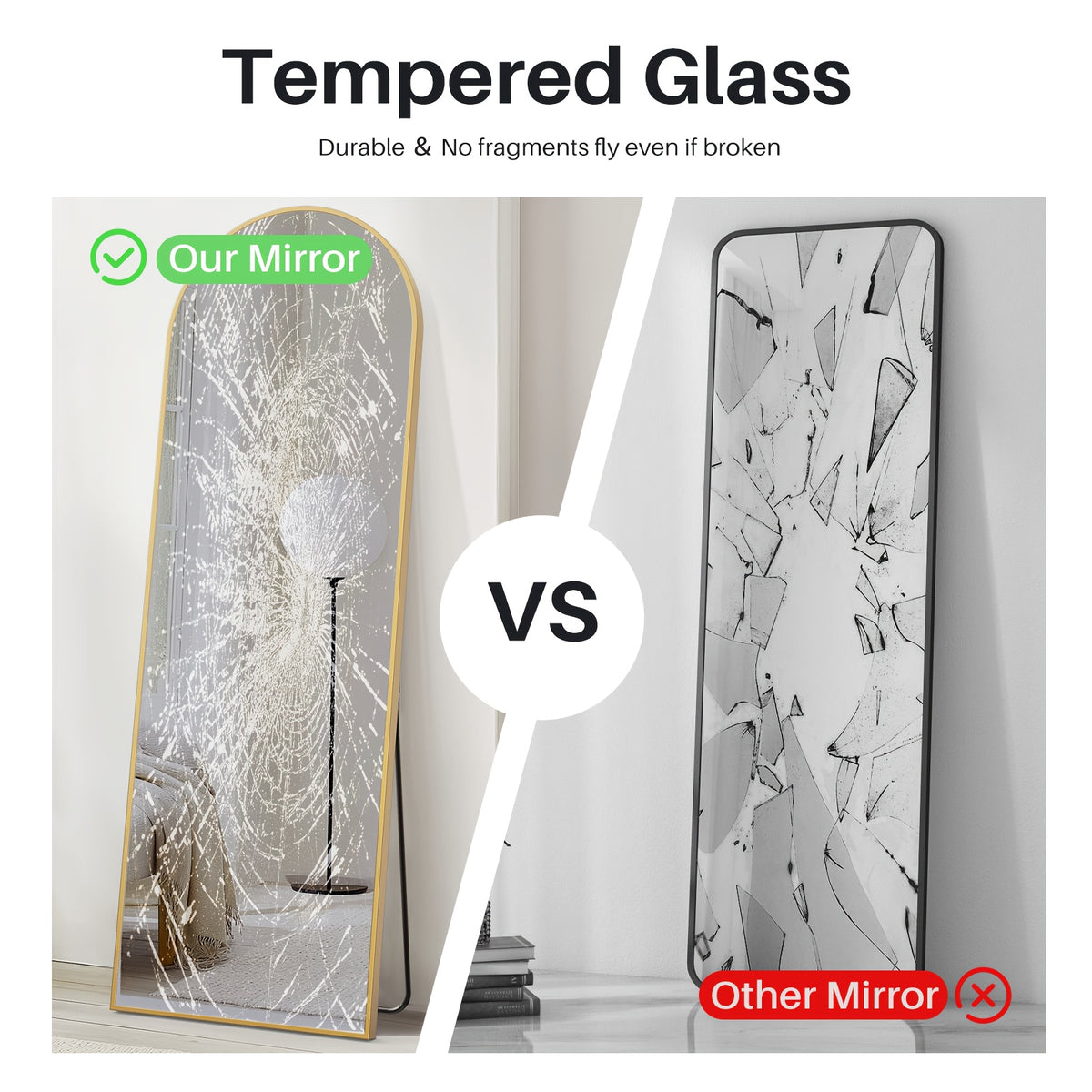 Arched/Rect Full Length Mirror, Full Body Mirror with Stand, Freestanding, Hanging or Leaning for Wall, Steel Alloy Thin Frame Floor Standing for Hotels and Bathrooms
