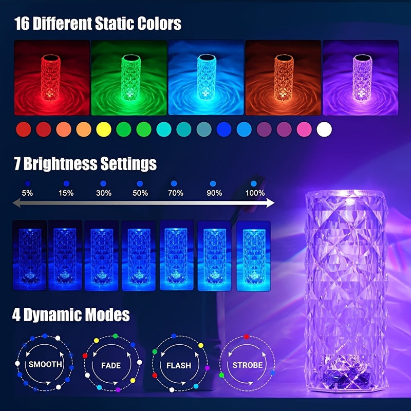 RGB Crystal Night Light Table Lamp, 16-Color Touch & Remote Control LED Bedside Light, USB Rechargeable Mood Lighting for Bedroom, Living Room, Holiday Decor and Gifts
