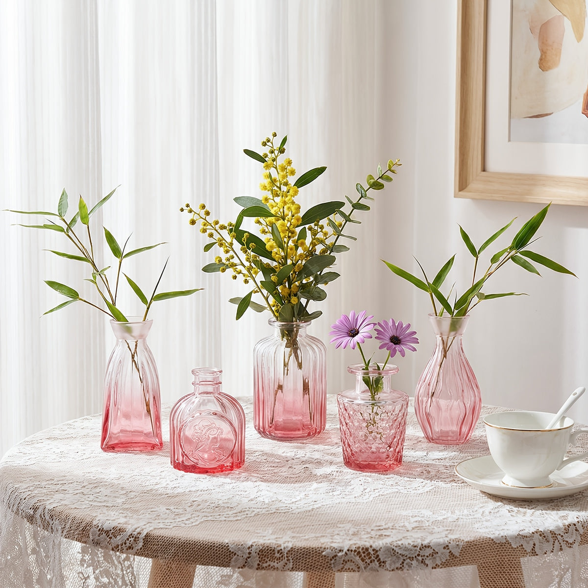 12/36pcs Pink Glass Bud Vase | Vintage Carved Glass Teardrop Vases for Wedding Decoration, Home Table Flower Arrangements, Bridal Shower & Party Favors