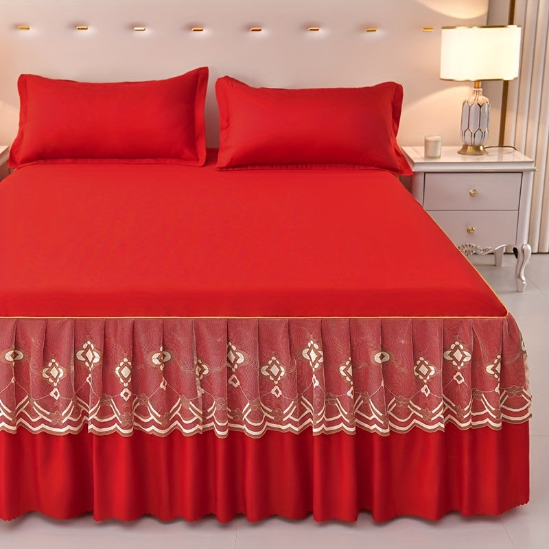 3pcs Macrame Bed Skirt Set (Bed Skirt *1+ Pillowcase*2, Without Core), Solid Color Double Layer Lace Bed Skirt All Seasons Universal Non-Slip Bedding
