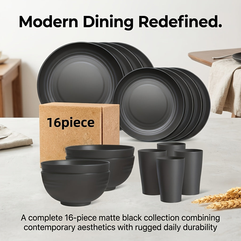 Brczuo16/32pcs Securely Fixed Non Fragile Plates, Wheat Straw Tableware Set, Microwave Dishwasher Safe, Durable Tableware, Black Set Includes 16 Plates, 8 Bowls, 8 Cups, Suitable For Family Gatherings, Birthday Parties, Camping