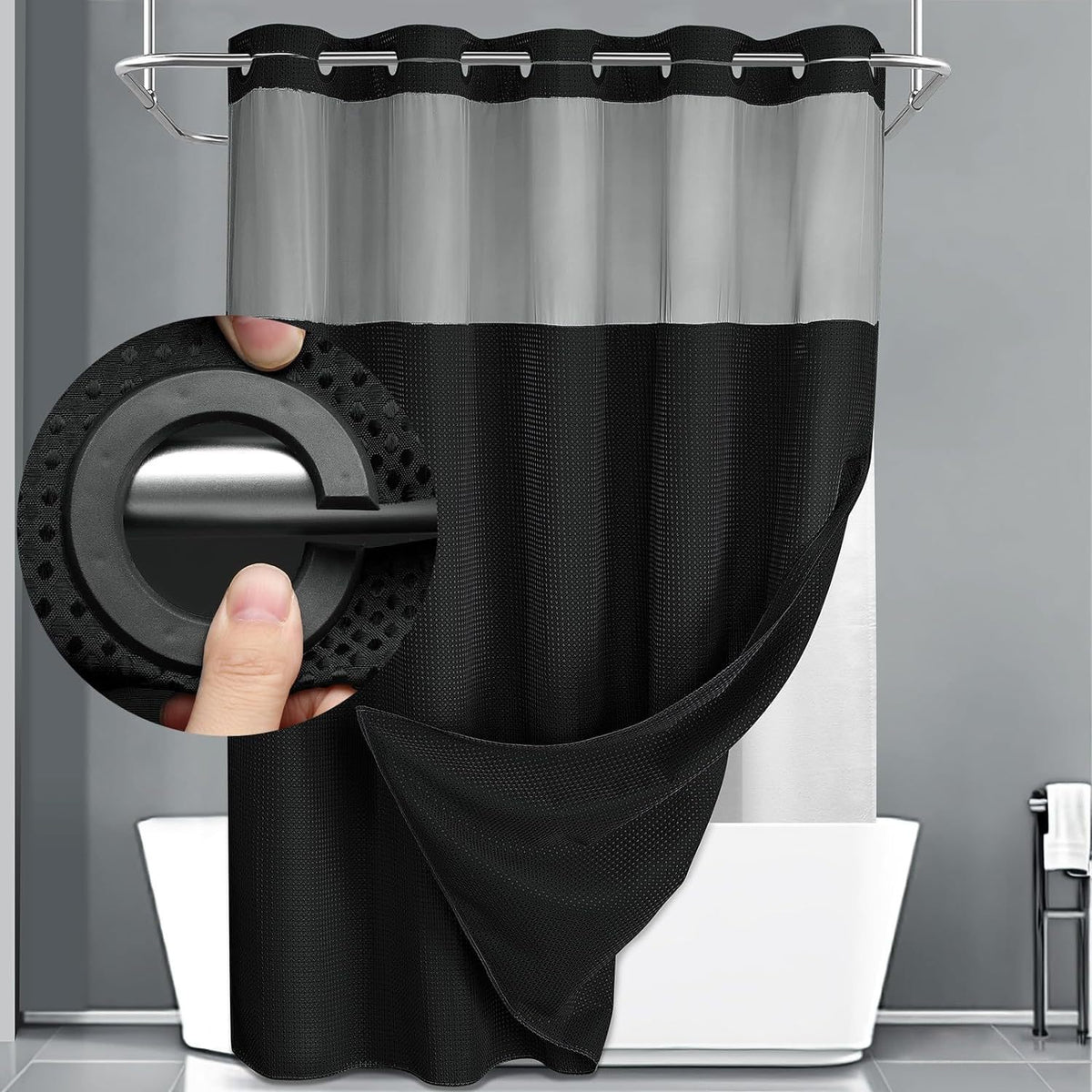 Hookless Shower Curtain and Snap Liner Set, Double-Layer Waffle Window Bath Curtain in White, Matcha or Black for Home and Hotel Bathrooms