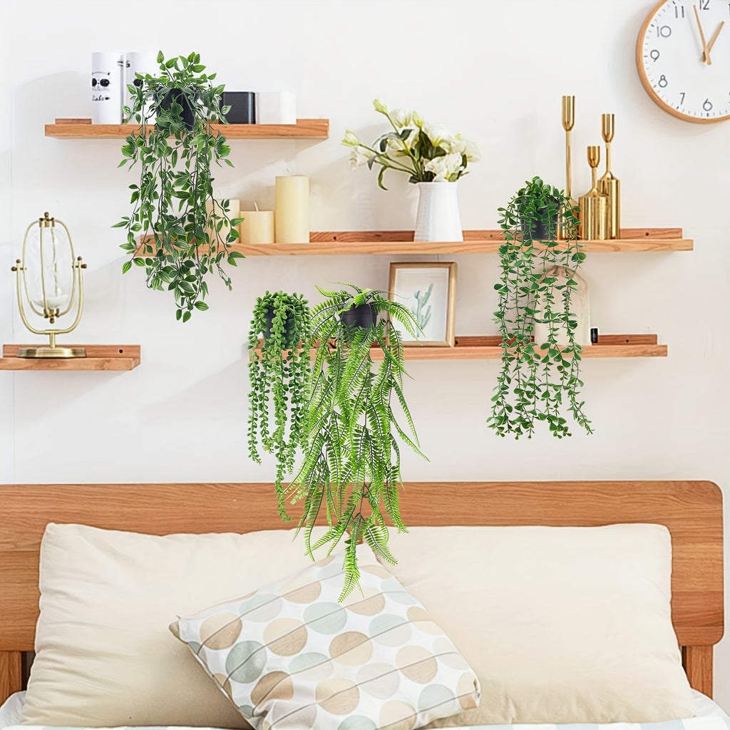 Faux Hanging Plants 4 Pack, Artificial Plant Decorations for Shelf Styling, Indoor Room Accents and Outdoor Displays in Two Set Options