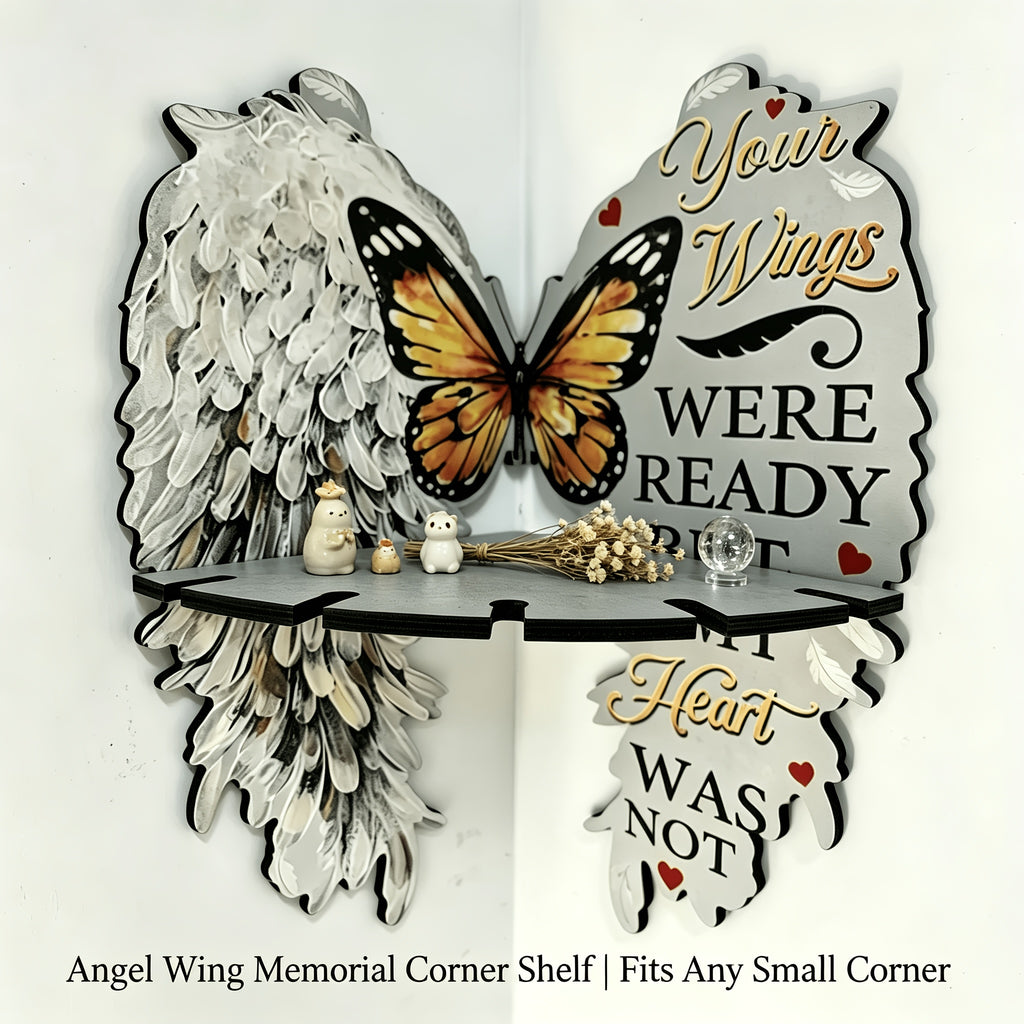 Angel Wing Memorial Corner Shelf, Light Grey Wooden Wall Display with Remembrance Quote and Butterfly Design for Keepsakes, Crystals and Home Decor