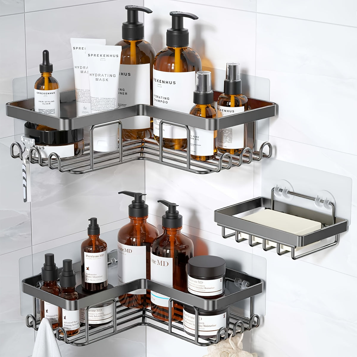 Corner Adhesive Shower Caddy, with Soap Holder And 12 Hooks, Rustproof Stainless Steel Bathroom Organizer, No Drilling Wall Mounted Rack, Random Color Properties to Choose, Shower Caddies