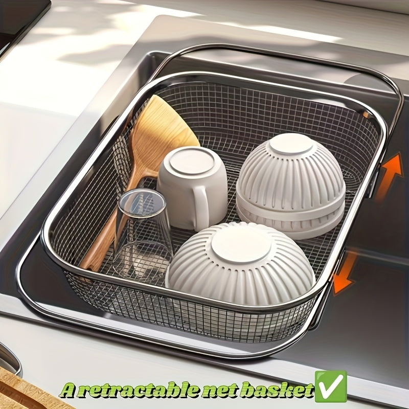 Large Expandable Stainless Steel Colander – Adjustable Folding Design, Portable Telescopic Fruit and Vegetable Rack, Food-Grade Durable Kitchen Essential, Produce Washing Basket, Easy-to-Clean Material