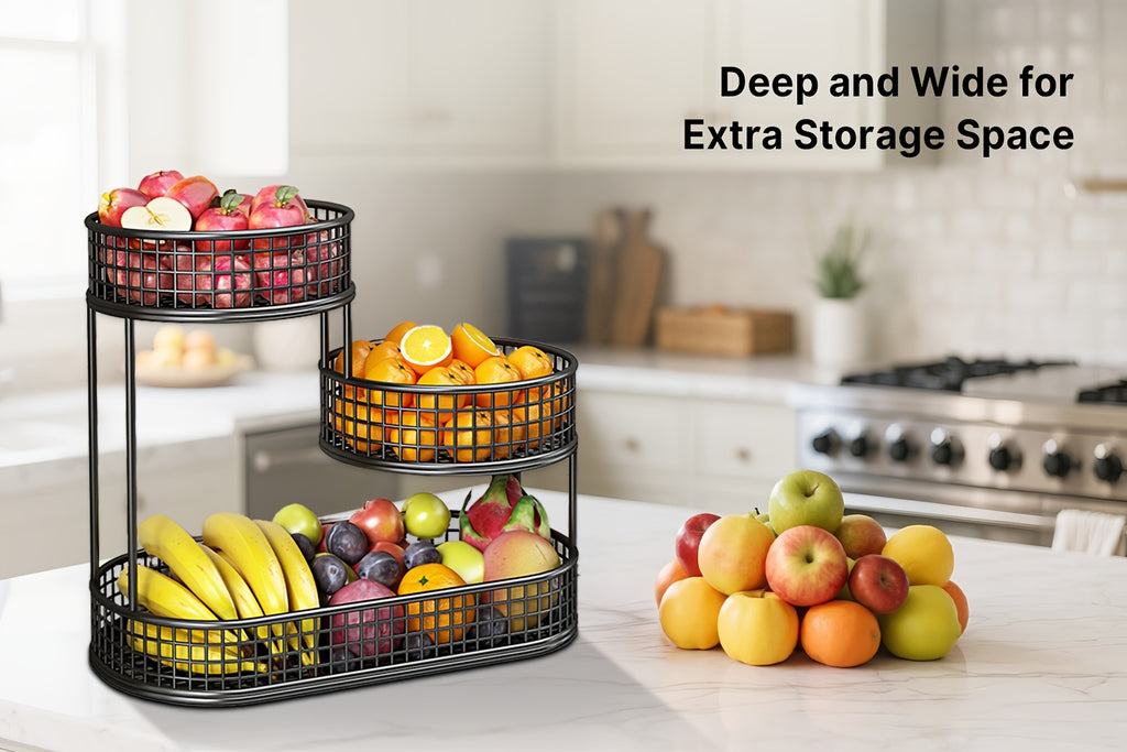 Large Capacity 3-Tier Black Metal Fruit Basket, Efficient Kitchen Organization, Perfect for Fruits, Vegetables, Bread, Snacks