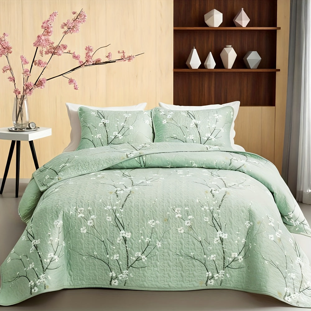 2/3pcs Multicolour Tree Branch Plum Blossom Quilted Quilt, 1pc Quilted Quilt+ 1/2pcs Pillowcases, Soft Breathable Comfortable Portability Hypoallergenic Machine Washable Bed Cover Bedding Room Decor, SingleBed/ Queen/ King Size