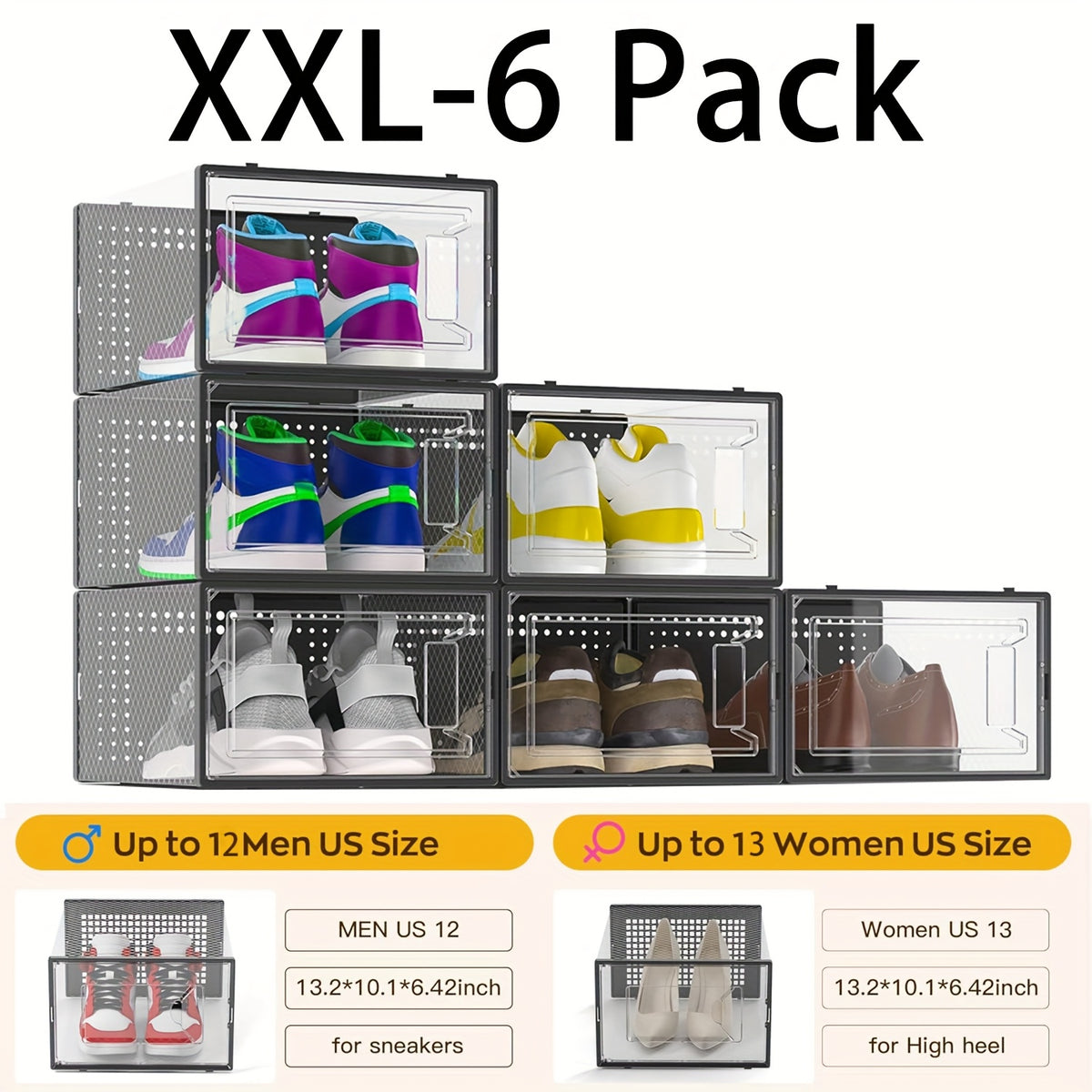 12 Pack XX Large Shoe Organizer Storage Boxes for Closet, Modular Space Saving Shoe Boxes Clear Plastic Stackable Sneaker Containers Display Case with Lids, Black02